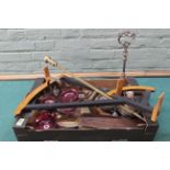 A Walker & Hall plated three bottle tantalus stand plus a cranberry glass stand,