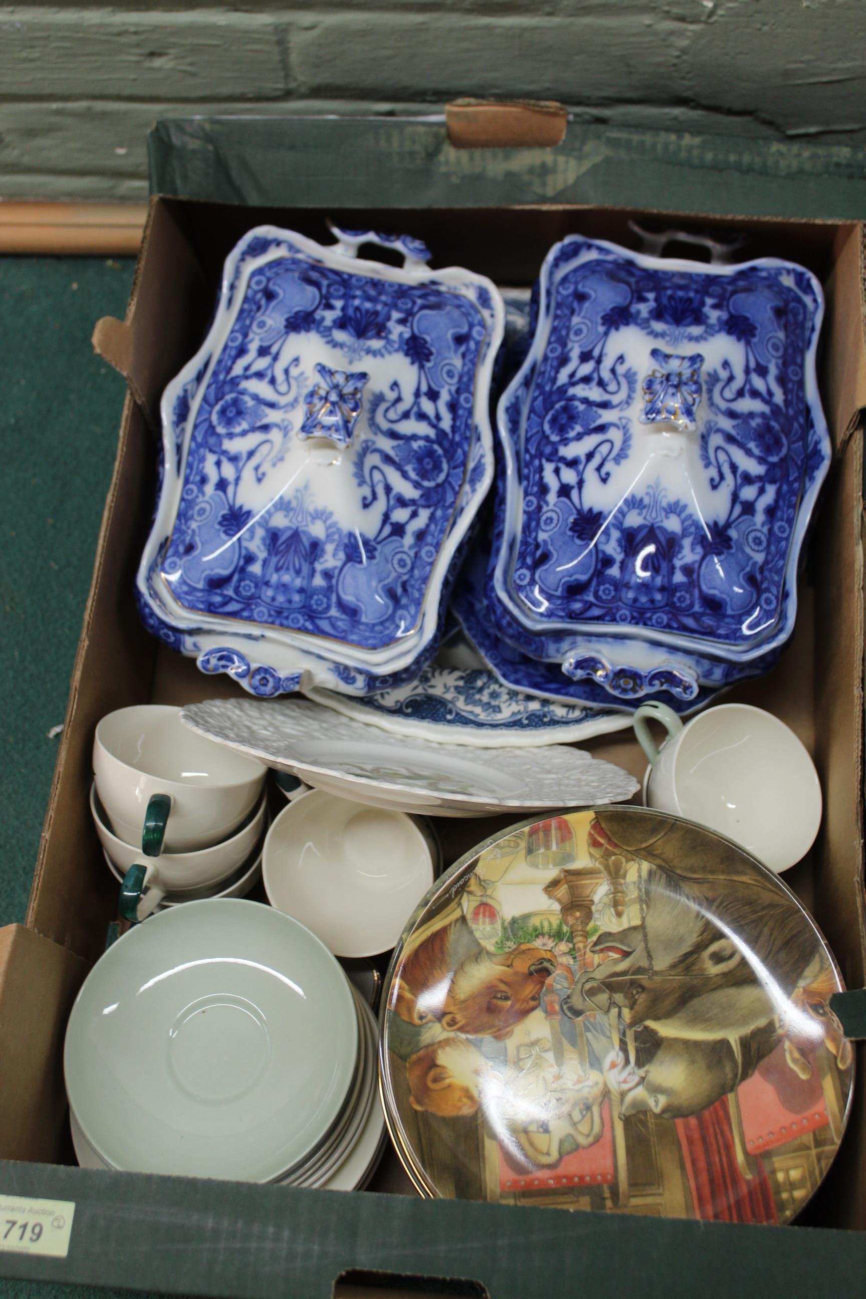 Two boxes of mixed ceramics including two blue and white tureens, Wedgwood plates, Wade tea wares, - Image 3 of 3