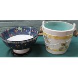 A very large Royal Doulton footed punch bowl (as found to base) plus a Majolica ceramic pail with