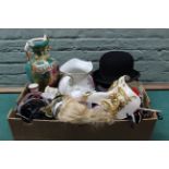 A box of mixed items including ceramics, a Victorian pewter tankard,