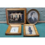 An antique burr wood frame reverse painted on glass picture of a Georgian interior, 35cm x 28cm,