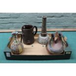A Studio pottery twin necked vase, a tree form pottery jug,