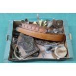 A box of mixed wood and metalwares including a half ark,