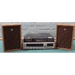 A vintage Sanyo model G422-Super Record Deck with cassette player plus a pair of Sanyo speakers,