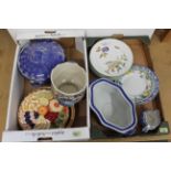 Two boxes of ceramic items including Evesham Vale dinner plates, blue and white planter,