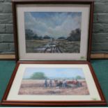 Two Joe Crowfoot watercolours of country scenes of farmer's relaxing with a tractor in a field and