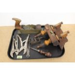 A 19th Century brass woodwork plane, a box and beech wood moulding plane,