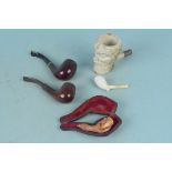 Various vintage pipes including two briar wood, small Masonic symbol clay,