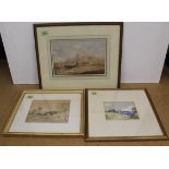 Three gilt framed watercolours of a castle, church and house in rural settings, all unsigned,