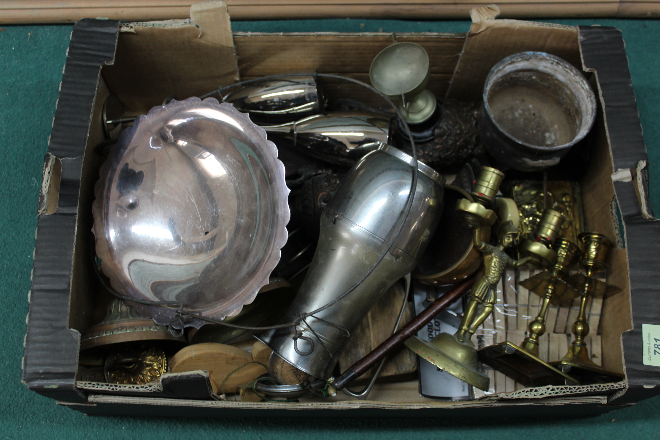 A box of mixed metalwares including candlesticks