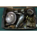 A box of mixed metalwares including candlesticks