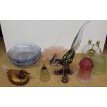 A small box of mixed glassware including chicken, duck, double decanter,