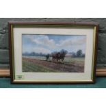 A small Joe Crowfoot watercolour of horses ploughing a field,