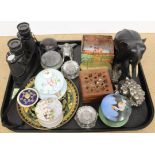 A brass tobacco tin (as found lid), binoculars, door knocker, carved elephant,