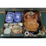 Two boxes of mixed ceramics including two blue and white tureens, Wedgwood plates, Wade tea wares,