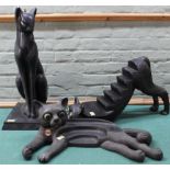 Two large vintage Harmony Kingdom cat display stands plus a large plaster black cat lamp base (as