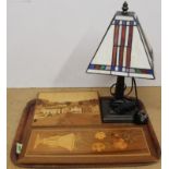 An Art Deco style table lamp with stained glass shade plus two small marquetry pictures