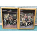 A pair of carved wooden dioramas of a hunting party departing a house and a musician playing a