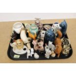 A collection of cat ornaments including two Crown Derby,