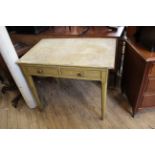 An early Victorian pine two drawer side table with original painted and lined decoration, approx.