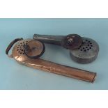 19th Century copper centrifugal fireside bellows plus a tin example with a wooden handle