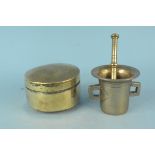 A brass pestle and mortar with side handles plus a 19th Century circular brass lidded box with