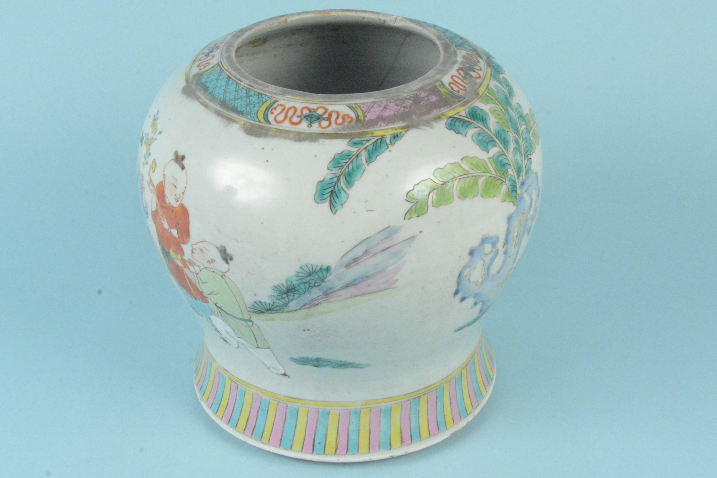 A 19th Century Chinese porcelain squat vase on a flared rim, decorated with figures in a landscape, - Image 2 of 4