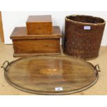 A 19th Century mahogany and box wood strung box, a small pine box,