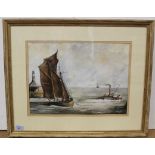 A framed watercolour of a fishing smack 'The Francis Robert LT1024' being towed out of Lowestoft