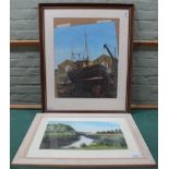 An unsigned framed watercolour of a fishing boat BCK124 in dry dock plus a framed pastel of Lunan