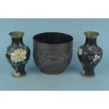 A pair of Japanese cloisonne vases plus a Middle Eastern brass jardiniere embossed with animals and