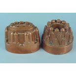 Two Victorian copper jelly moulds, both marked to the sides, one oval and one round,