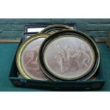 Three gilt framed circular prints together with two framed prints