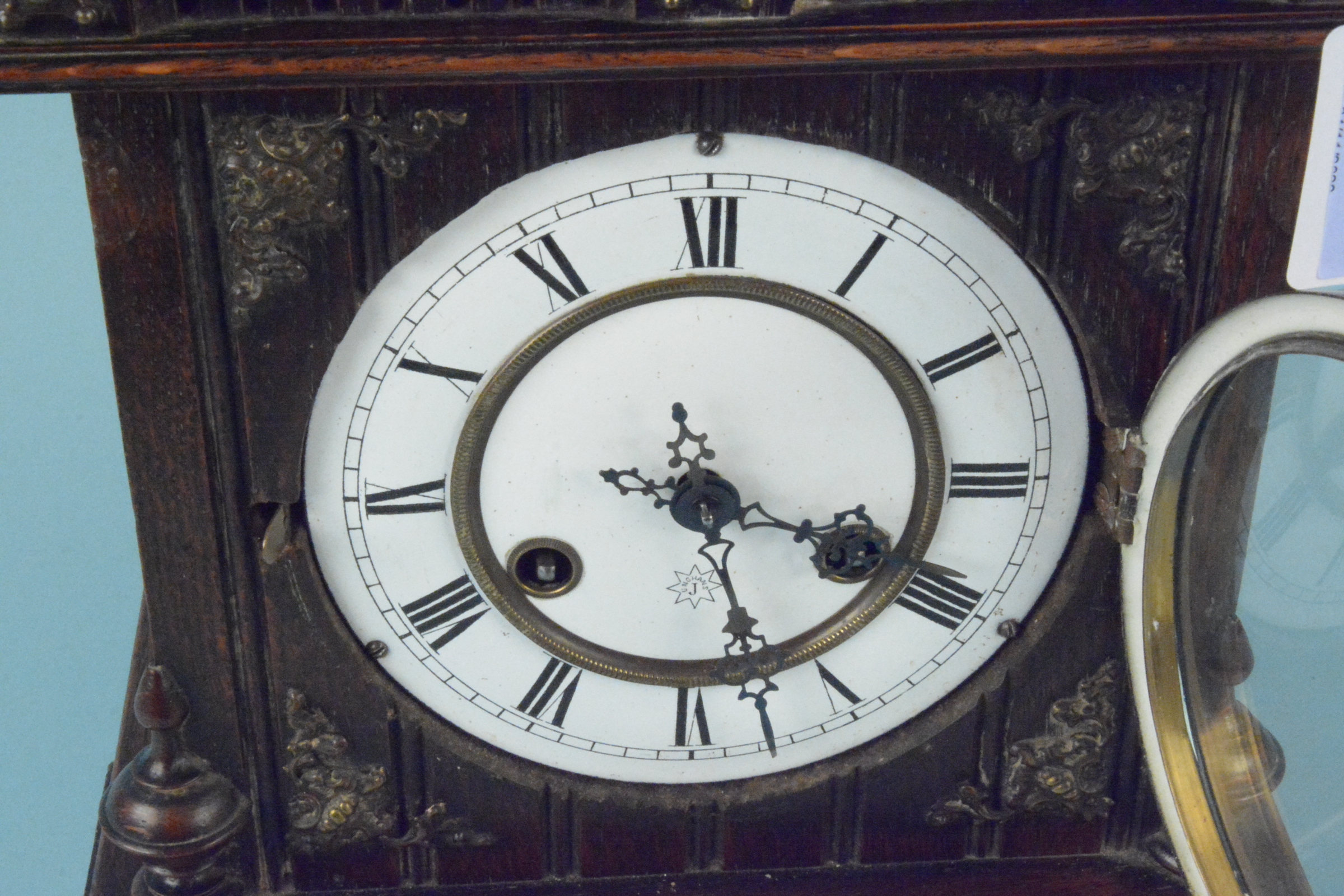 A Junghans German large wooden cased mantel clock with enamel face and brass ornamentation, - Image 2 of 3