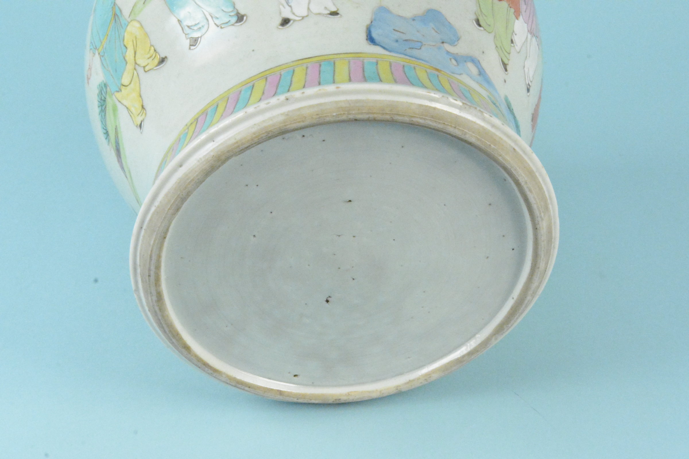 A 19th Century Chinese porcelain squat vase on a flared rim, decorated with figures in a landscape, - Image 4 of 4