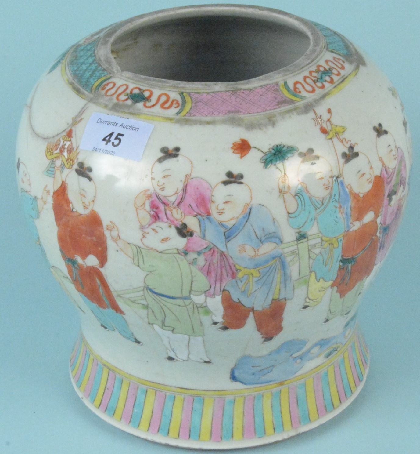 A 19th Century Chinese porcelain squat vase on a flared rim, decorated with figures in a landscape,