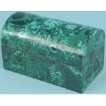 A domed lid malachite jewellery box with inner brass rim,