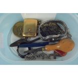 A small tub of mixed items including a yellow metal vesta case marked 'Augusta Gold', watch chains,