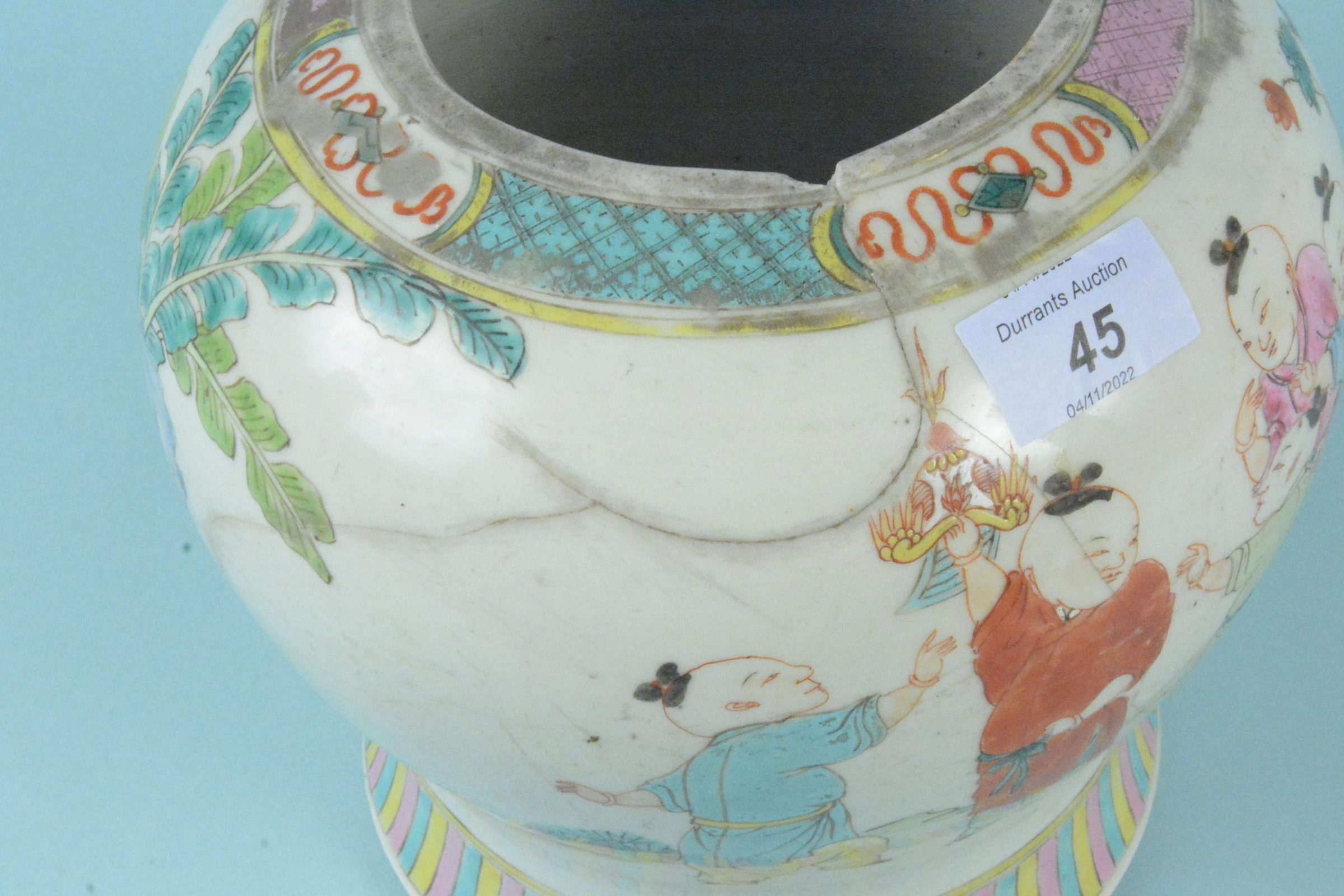 A 19th Century Chinese porcelain squat vase on a flared rim, decorated with figures in a landscape, - Image 3 of 4