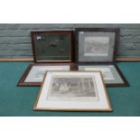 Four framed prints of hunting scenes together with five vintage framed fishing flies