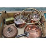 Two seamed copper kettles plus a brass spit jack, saucepan lids,