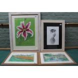 A framed pastel study of a lily and a charcoal pot study by Jane Spence plus a framed pair of