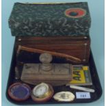 Mixed items including a cased pocket barometer, an antique family crest seal,