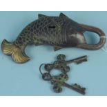 A bronze fish padlock with two keys