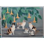 A large framed acrylic on board of four cats beneath angels trumpets,