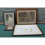 A framed black and white print of a military parade plus a small framed watercolour study of a vase
