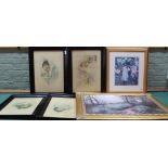 A set of four baby prints plus a framed oleograph 'A Bluebell Walk by David Dipnall' plus one other