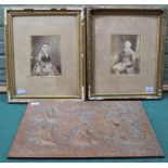 Two Edwardian gilt framed photographs together with a hammered copper panel