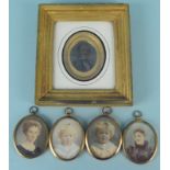 Four framed Victorian picture miniatures plus a framed portrait (this having damage to picture)