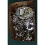 A box of mixed silver plated wares including a coffee pot and hot water,